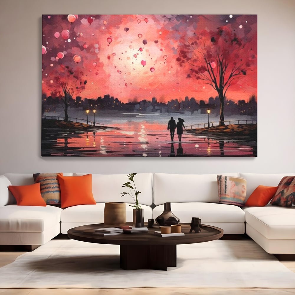 Tablou canvas cu tablou canvas cuplu pe faleza la apus rosu, fara rama, pe sasiu de lemn, pe perete intr-un living